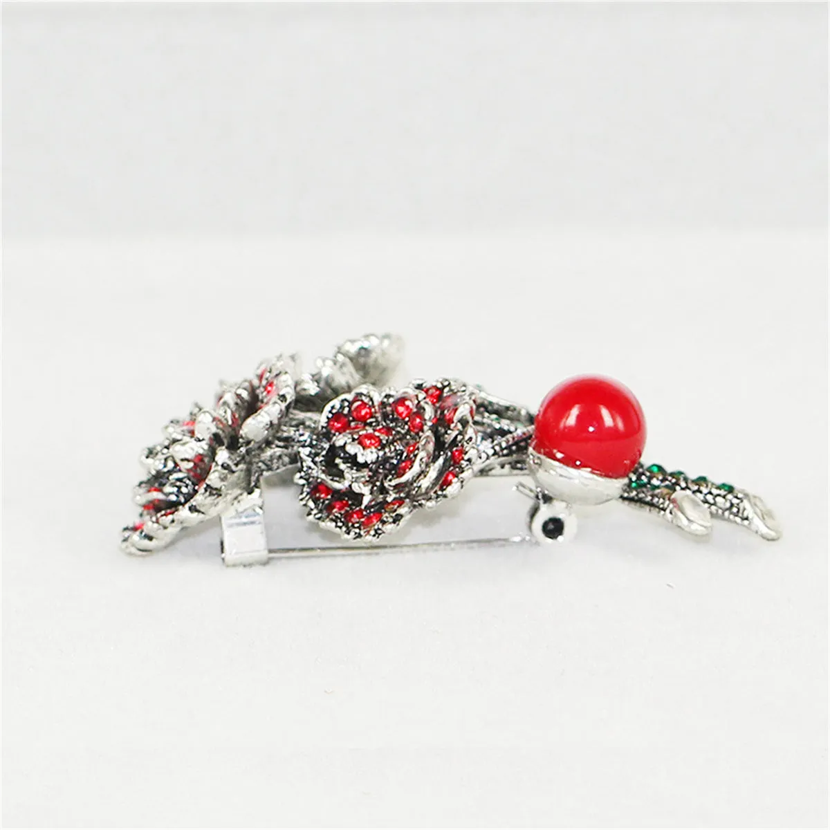 Cubic Zirconia & Red Resin Silver-Plated Flower Brooch