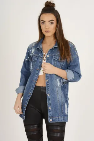 Dark Studded Distressed Oversized Denim Jacket - Barbara