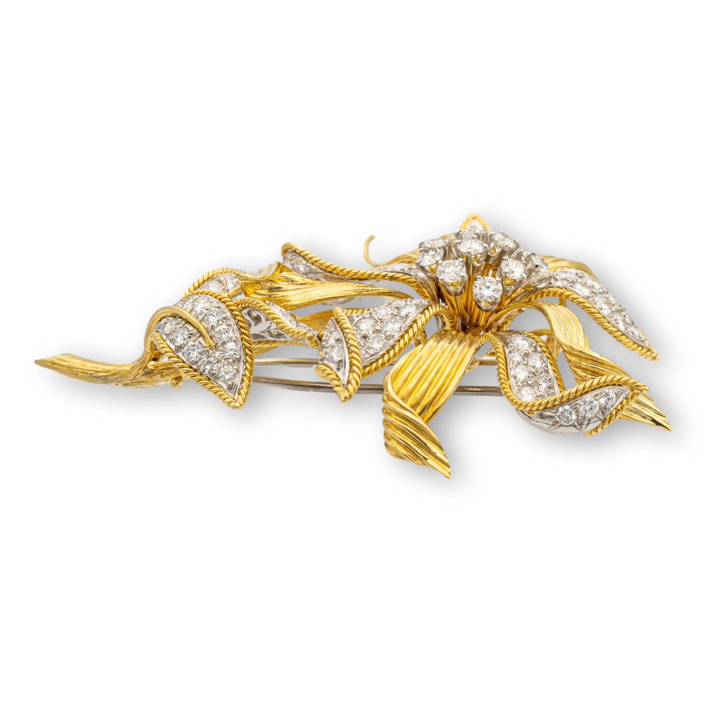 David Webb 18K Yellow Gold and Platinum En-Tremblant Diamond Flower Brooch