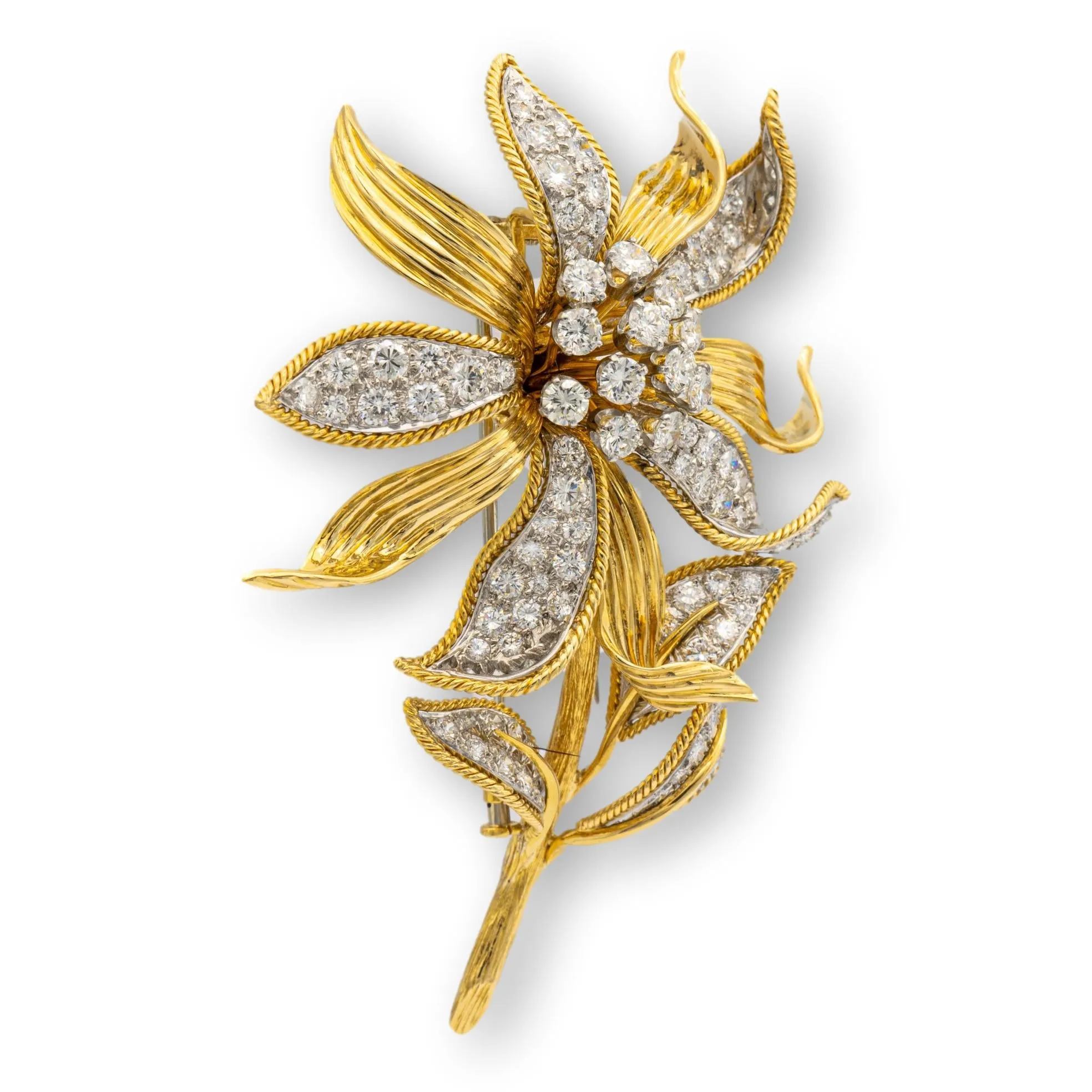 David Webb 18K Yellow Gold and Platinum En-Tremblant Diamond Flower Brooch