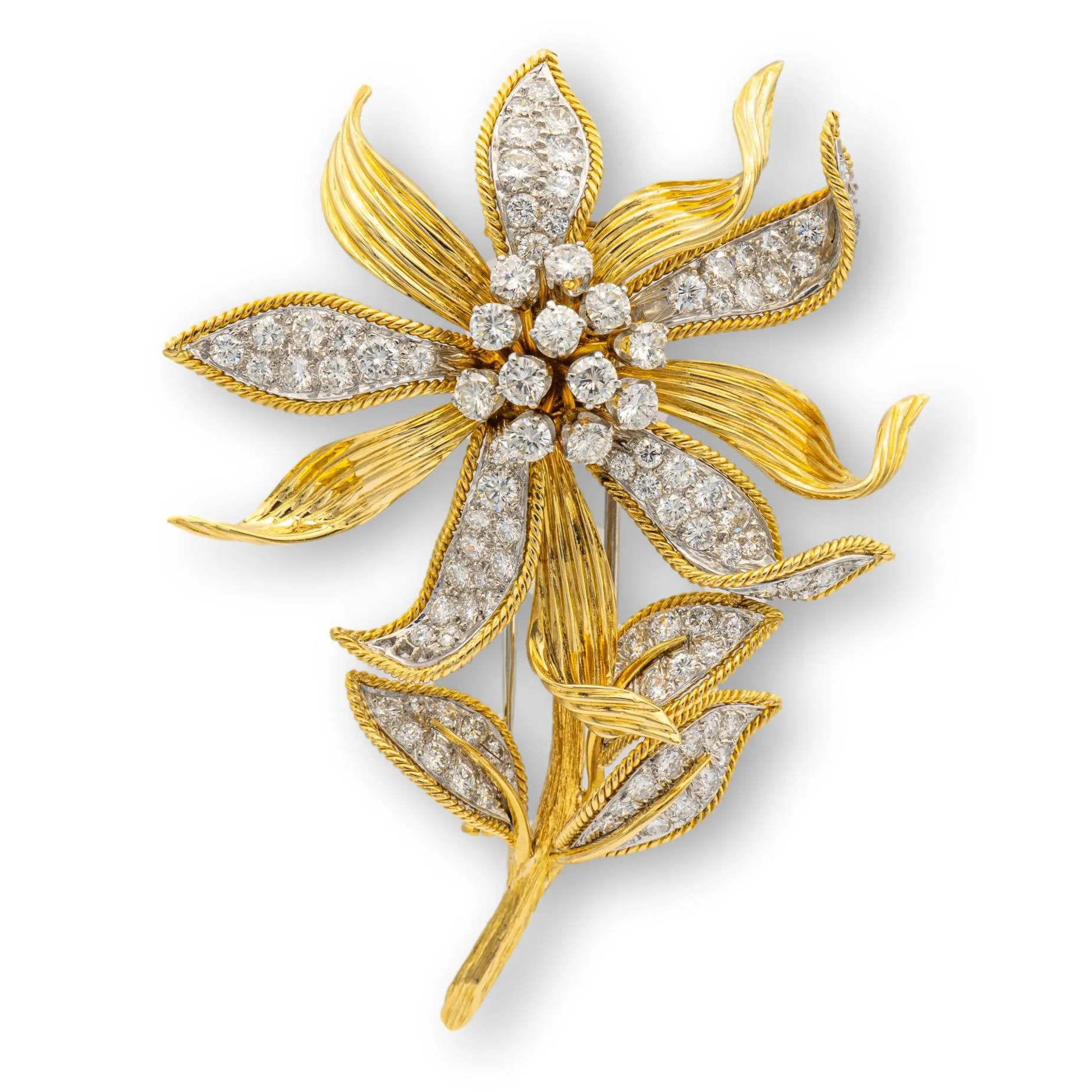 David Webb 18K Yellow Gold and Platinum En-Tremblant Diamond Flower Brooch