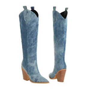 Denim Knee High  Boots Cowboy Boots