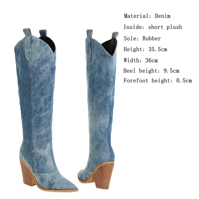 Denim Knee High  Boots Cowboy Boots