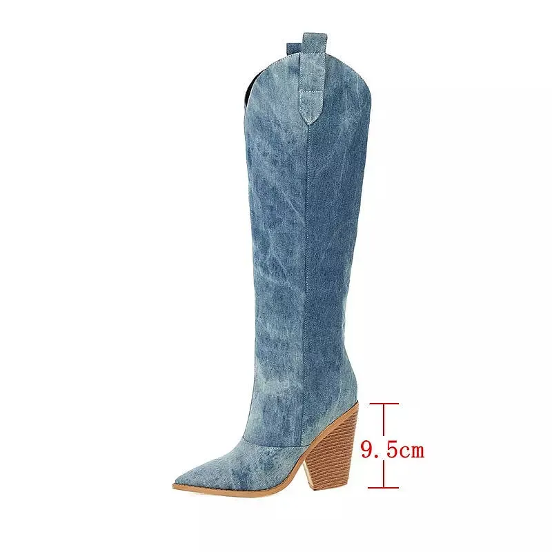 Denim Knee High  Boots Cowboy Boots