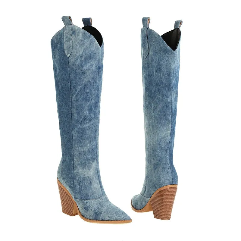 Denim Knee High  Boots Cowboy Boots