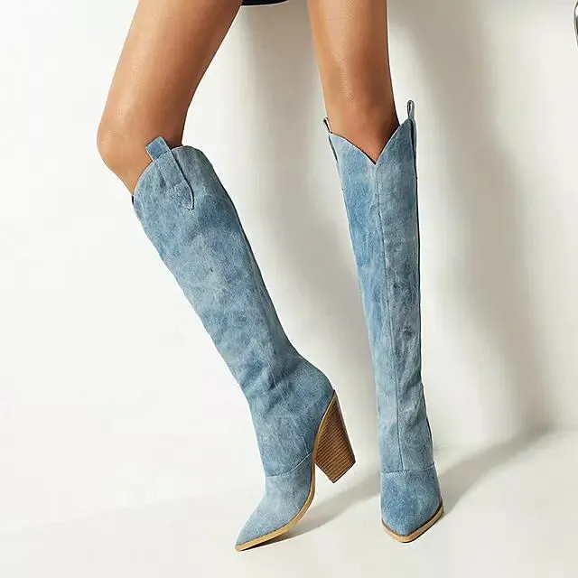 Denim Knee High  Boots Cowboy Boots