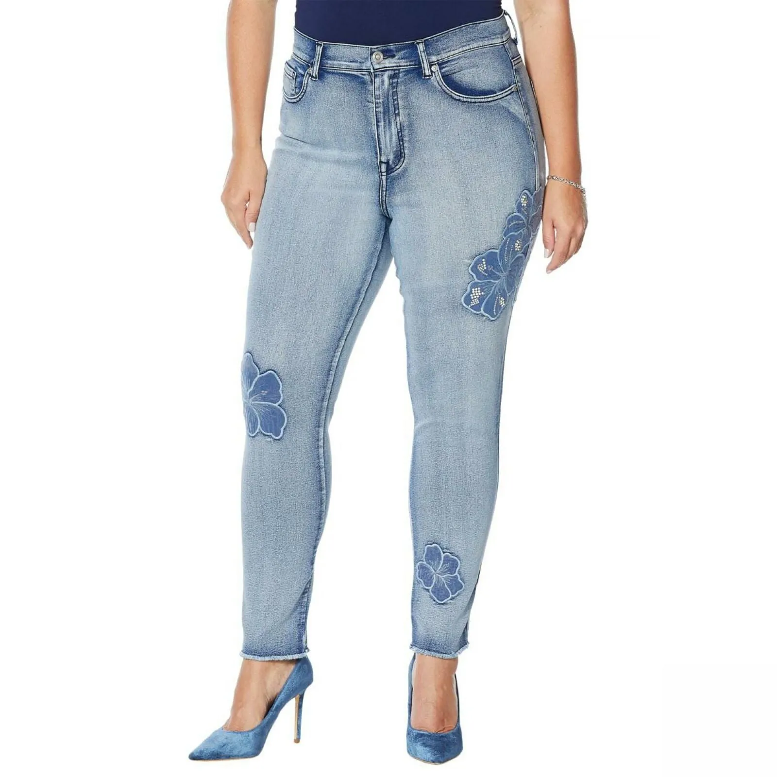 DG2 by Diane Gilman Plus Size Sorbet Floral Applique Ankle Jeans Midtone 24W