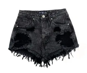 Distressed Black High Waisted Denim Shorts  - The Wesley