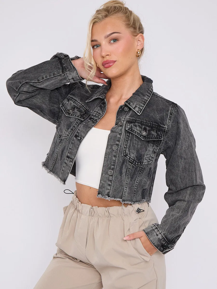 Distressed Cropped Denim Jacket With Pockets
