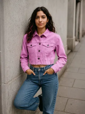 Distressed Cropped Denim Jacket With Pockets