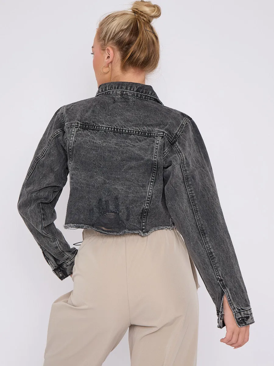 Distressed Cropped Denim Jacket With Pockets