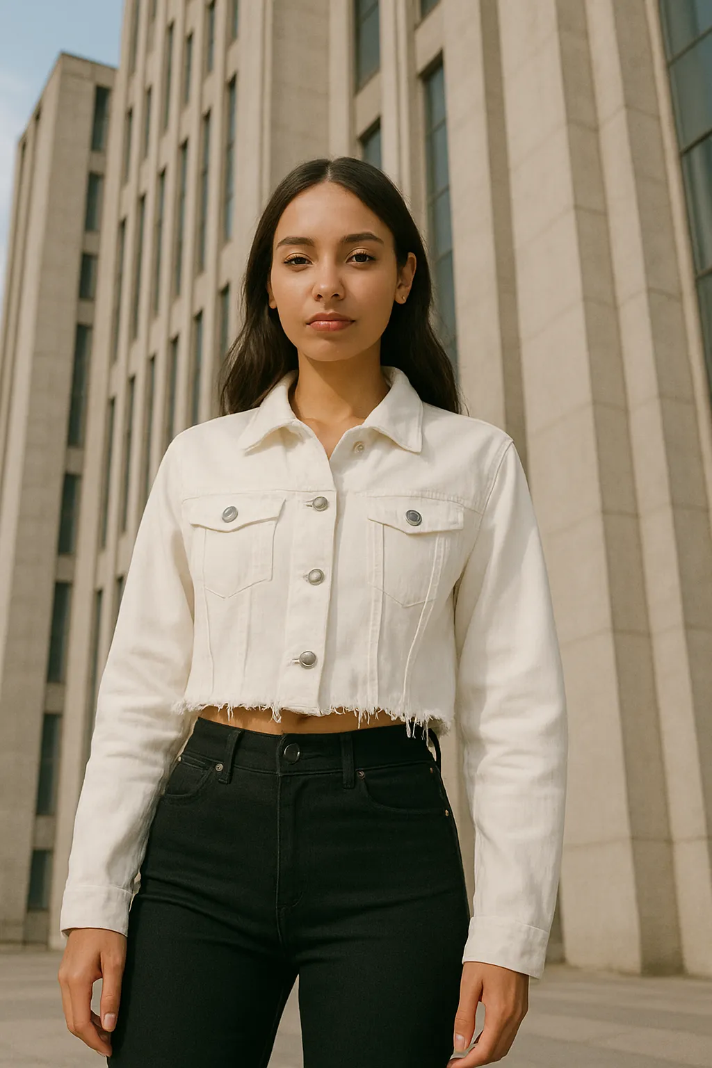 Distressed Cropped Denim Jacket With Pockets