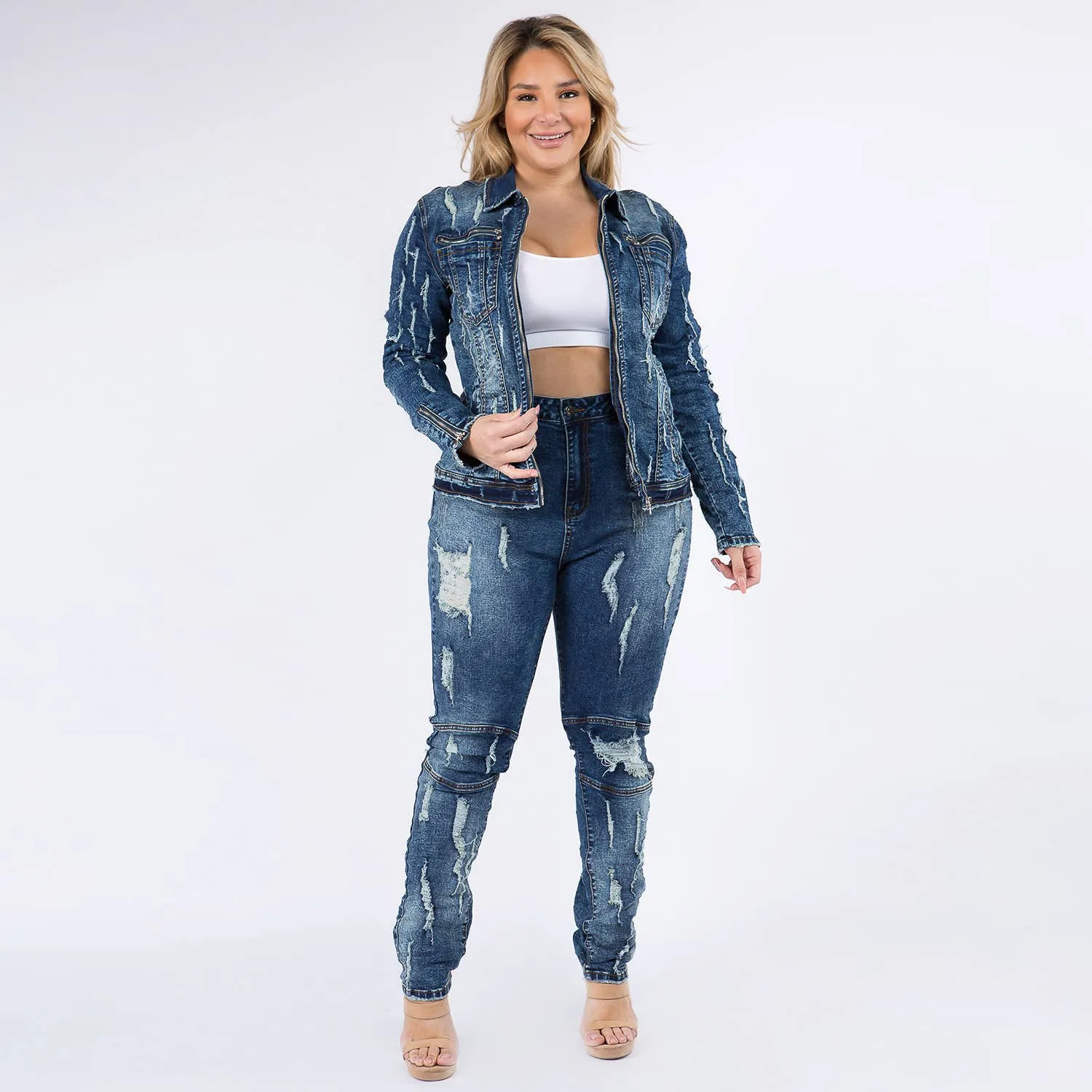 Distressed Denim Jean Jacket Set