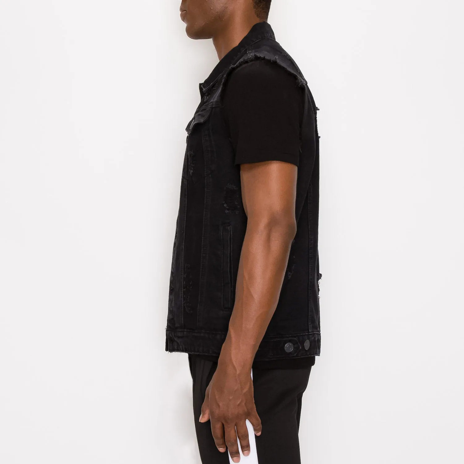 DISTRESSED DENIM VEST - BLACK