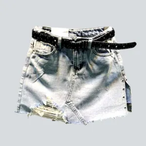 Distressed embellished slit denim skort