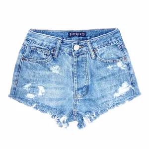 Distressed High Waisted Denim Shorts  - The Bailey
