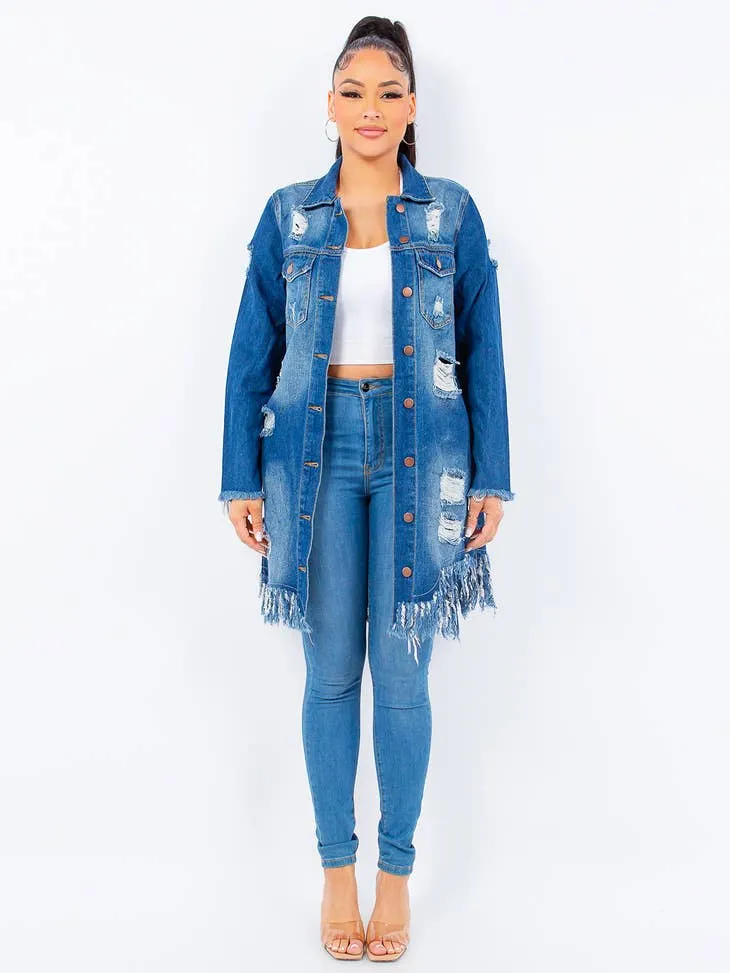 Distressed Long Denim Jacket