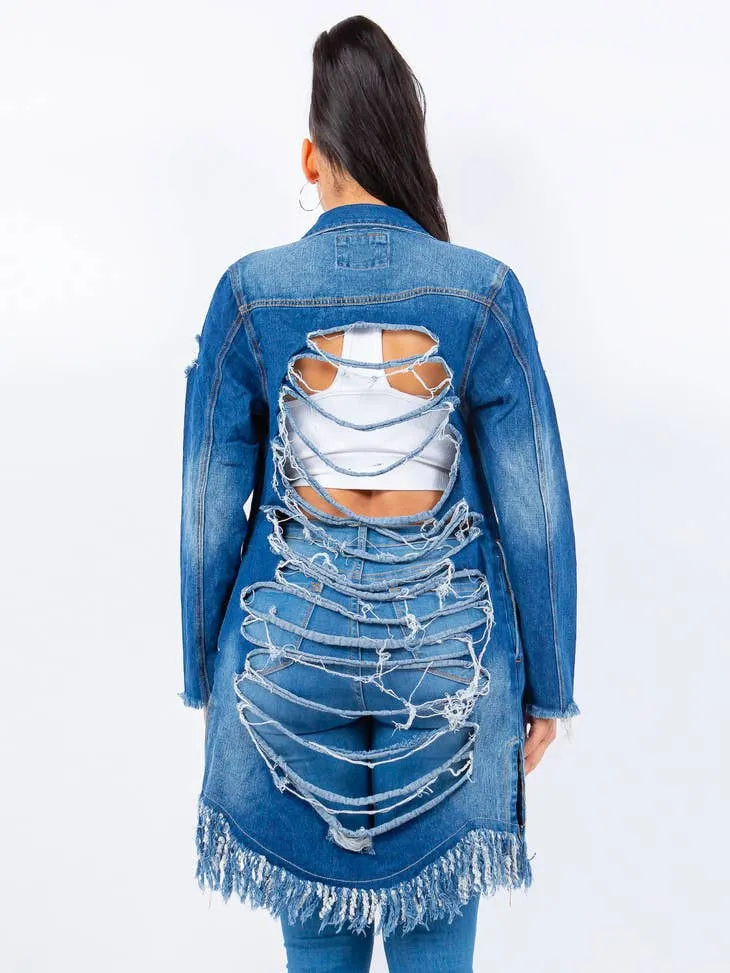 Distressed Long Denim Jacket