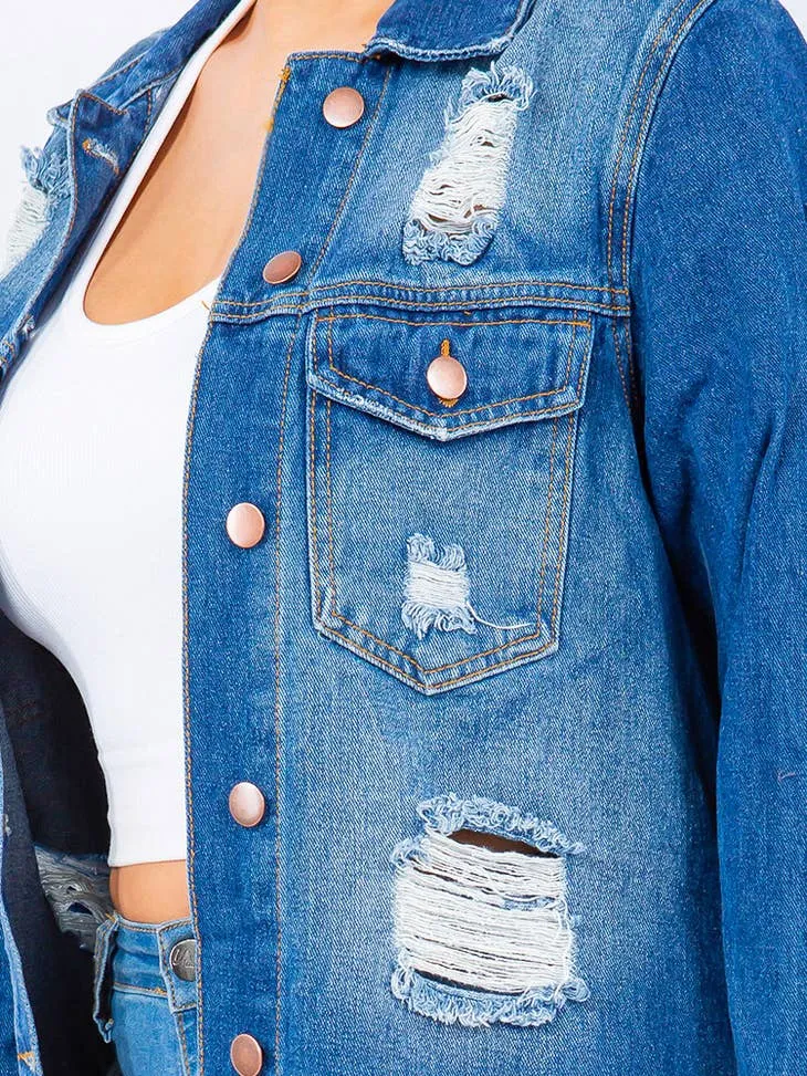 Distressed Long Denim Jacket