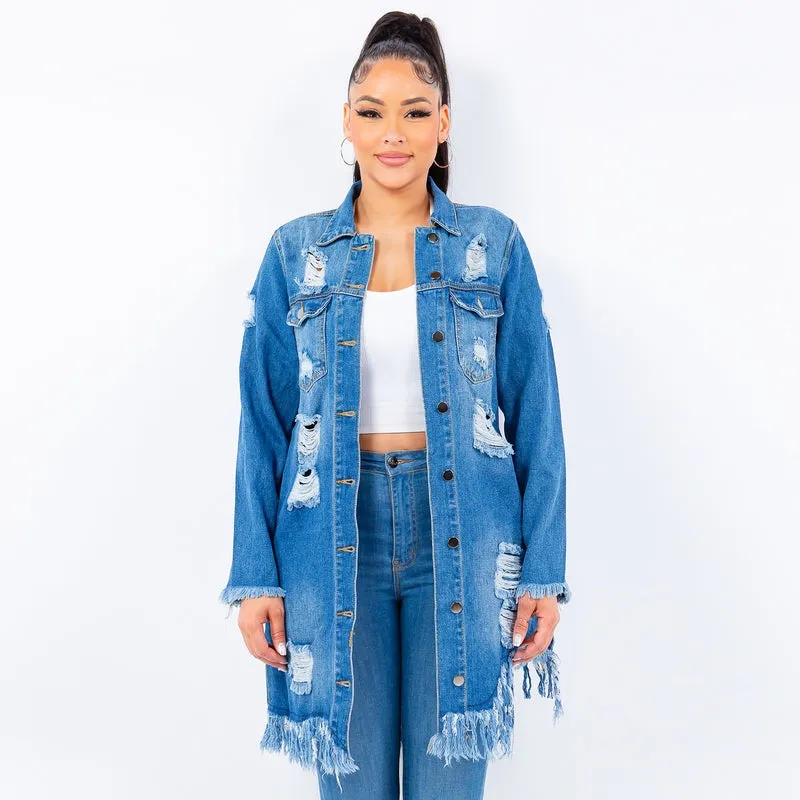 Distressed Long Denim Jacket