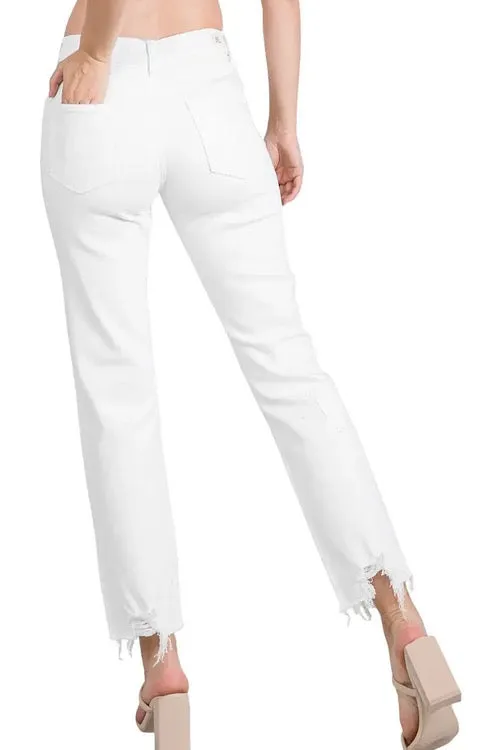 Distressed Straight Leg White Jeans