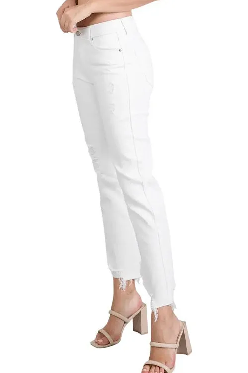 Distressed Straight Leg White Jeans