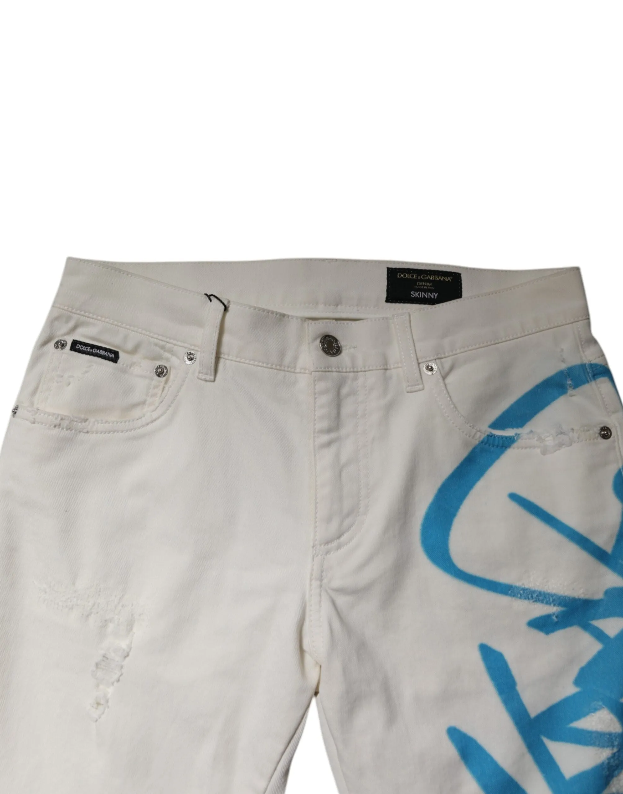 Dolce & Gabbana White Tattered Graffiti Skinny Denim Jeans