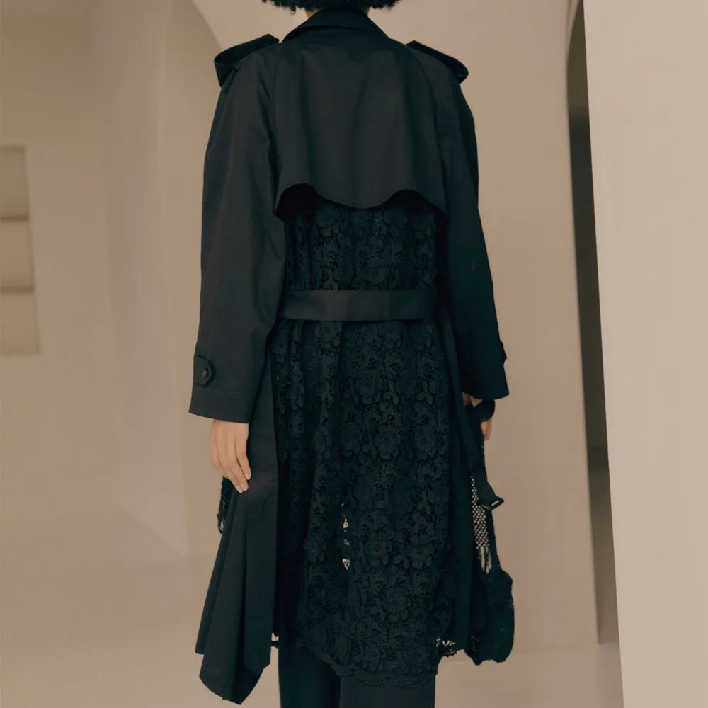 Double-Breasted Lace-Paneled Supima Cotton Trench Coat