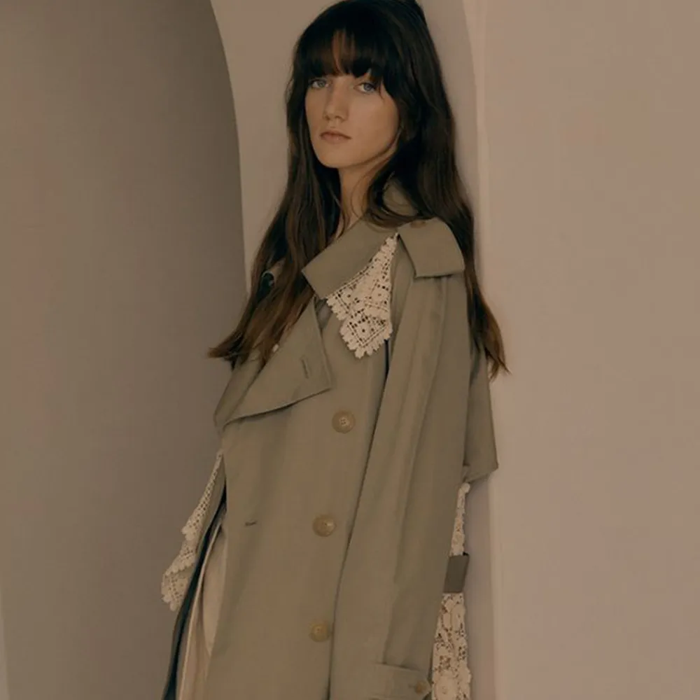 Double-Breasted Lace-Paneled Supima Cotton Trench Coat