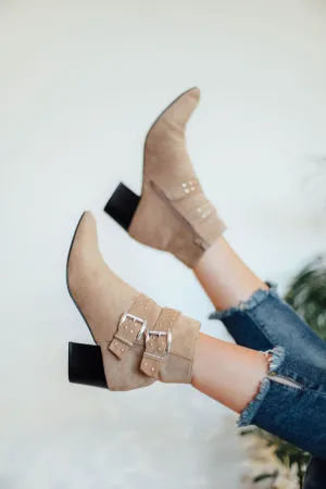 Elvira Taupe Stud Buckled Booties