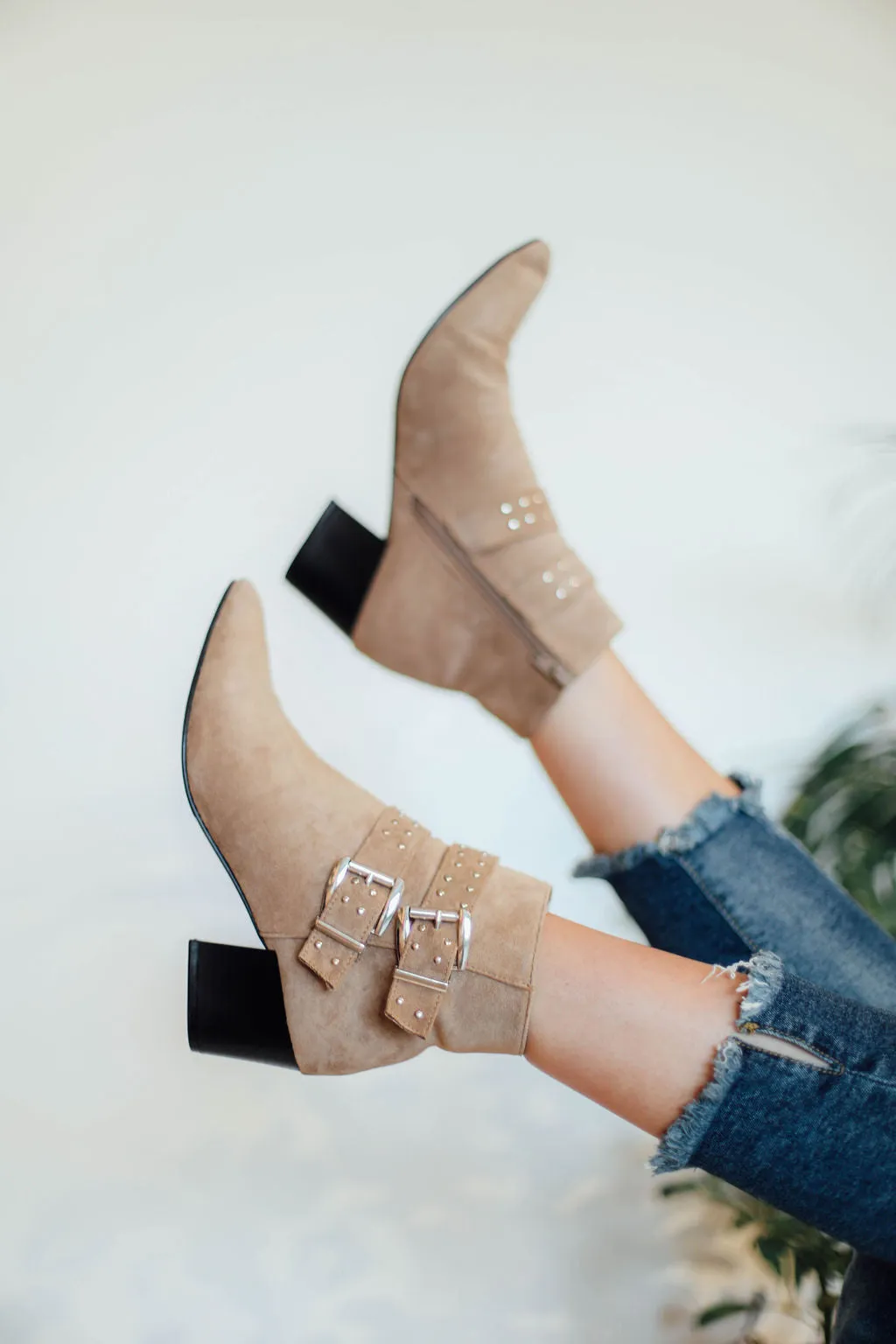 Elvira Taupe Stud Buckled Booties