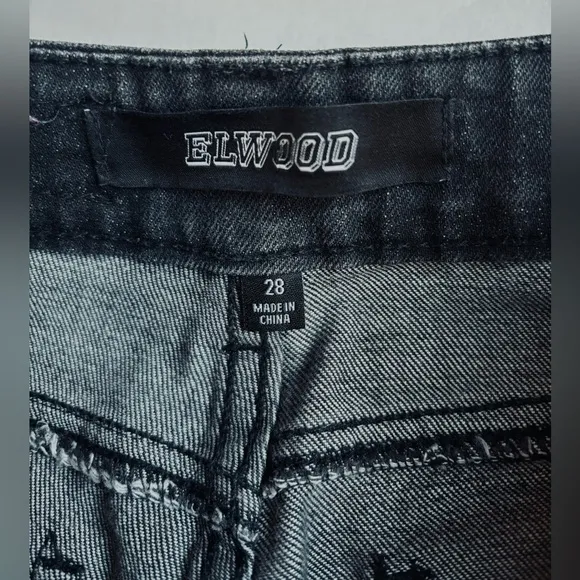 Elwood Distressed‎ Black Denim Jeans, Rolled Cuff, Slim Fit Size 28