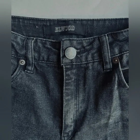 Elwood Distressed‎ Black Denim Jeans, Rolled Cuff, Slim Fit Size 28