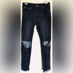 Elwood Distressed‎ Black Denim Jeans, Rolled Cuff, Slim Fit Size 28