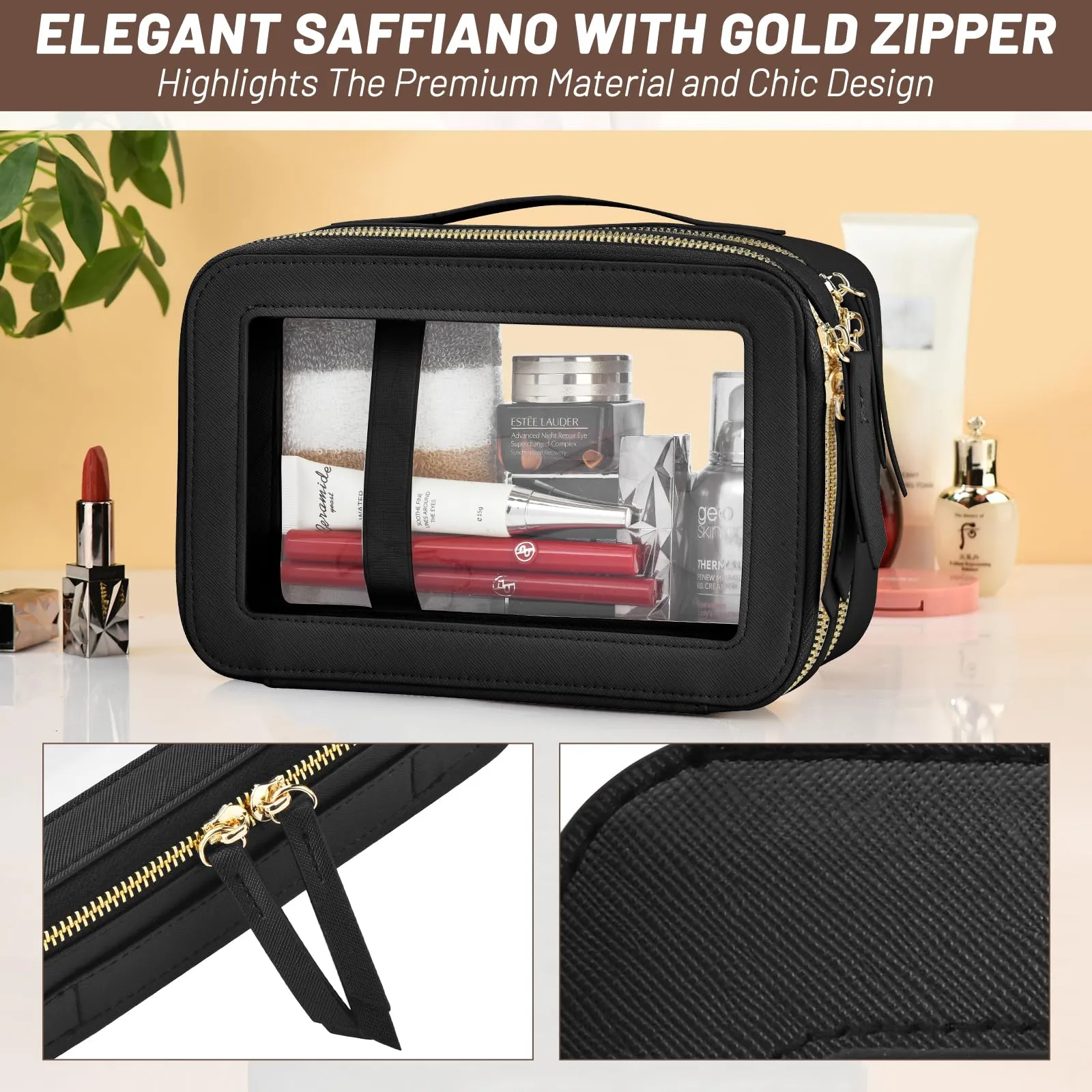 Felipe Varela Clear Windows Cute Makeup Bag for Women -2 Layer Large Waterproof Saffiano Skincare Cosmetic Case with Gold Zipper - Spacious Toiletry Organizer, TSA Approved (Black)
