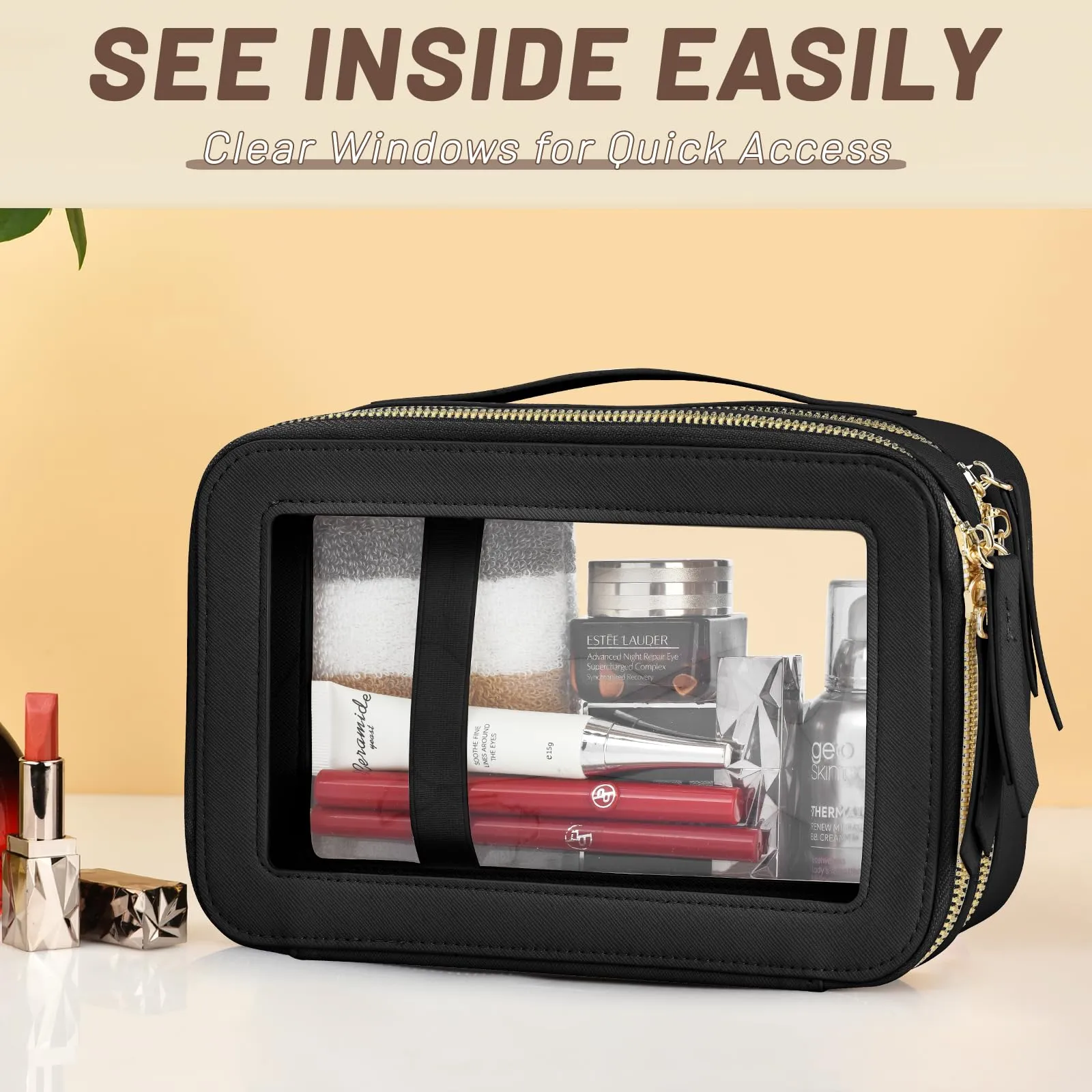 Felipe Varela Clear Windows Cute Makeup Bag for Women -2 Layer Large Waterproof Saffiano Skincare Cosmetic Case with Gold Zipper - Spacious Toiletry Organizer, TSA Approved (Black)