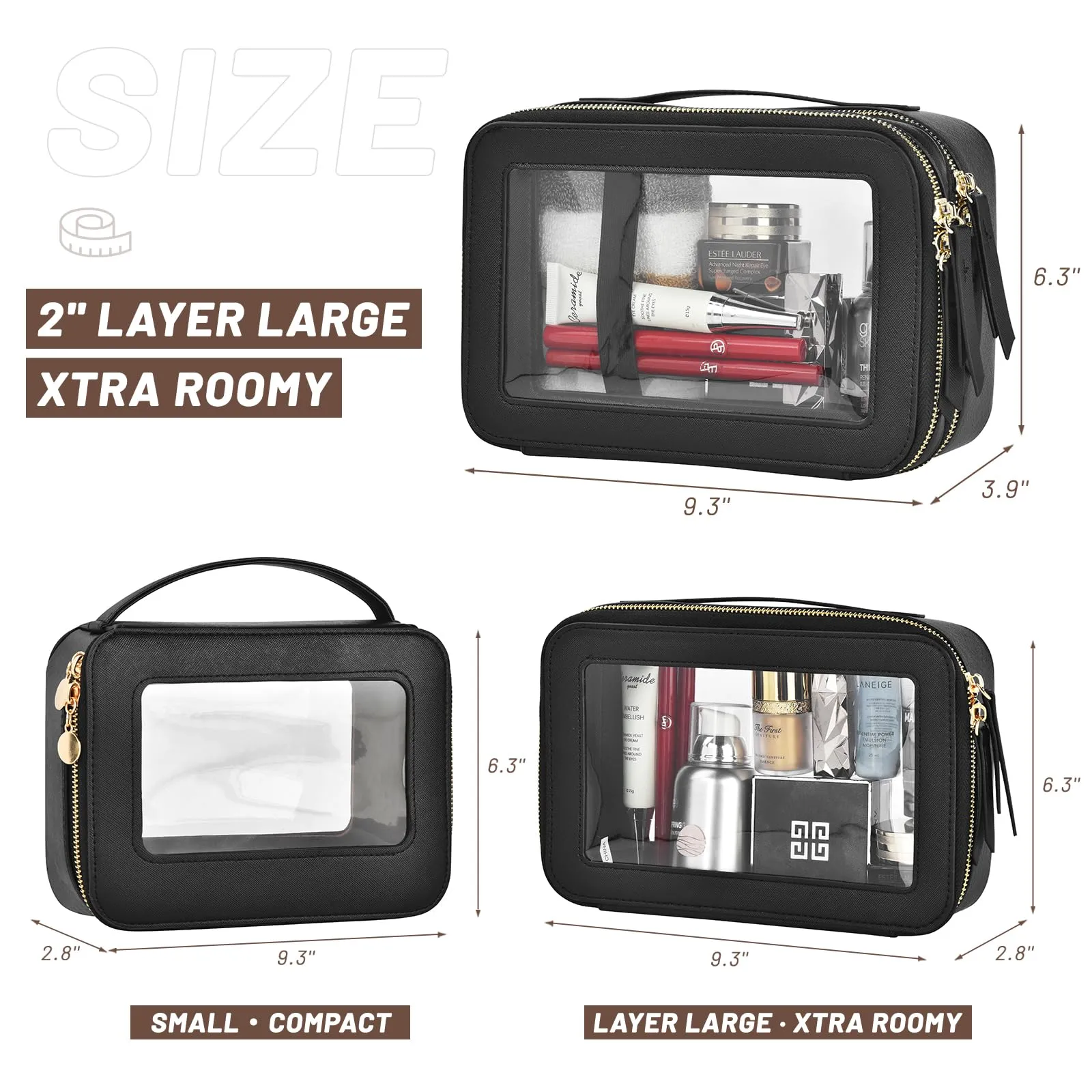 Felipe Varela Clear Windows Cute Makeup Bag for Women -2 Layer Large Waterproof Saffiano Skincare Cosmetic Case with Gold Zipper - Spacious Toiletry Organizer, TSA Approved (Black)