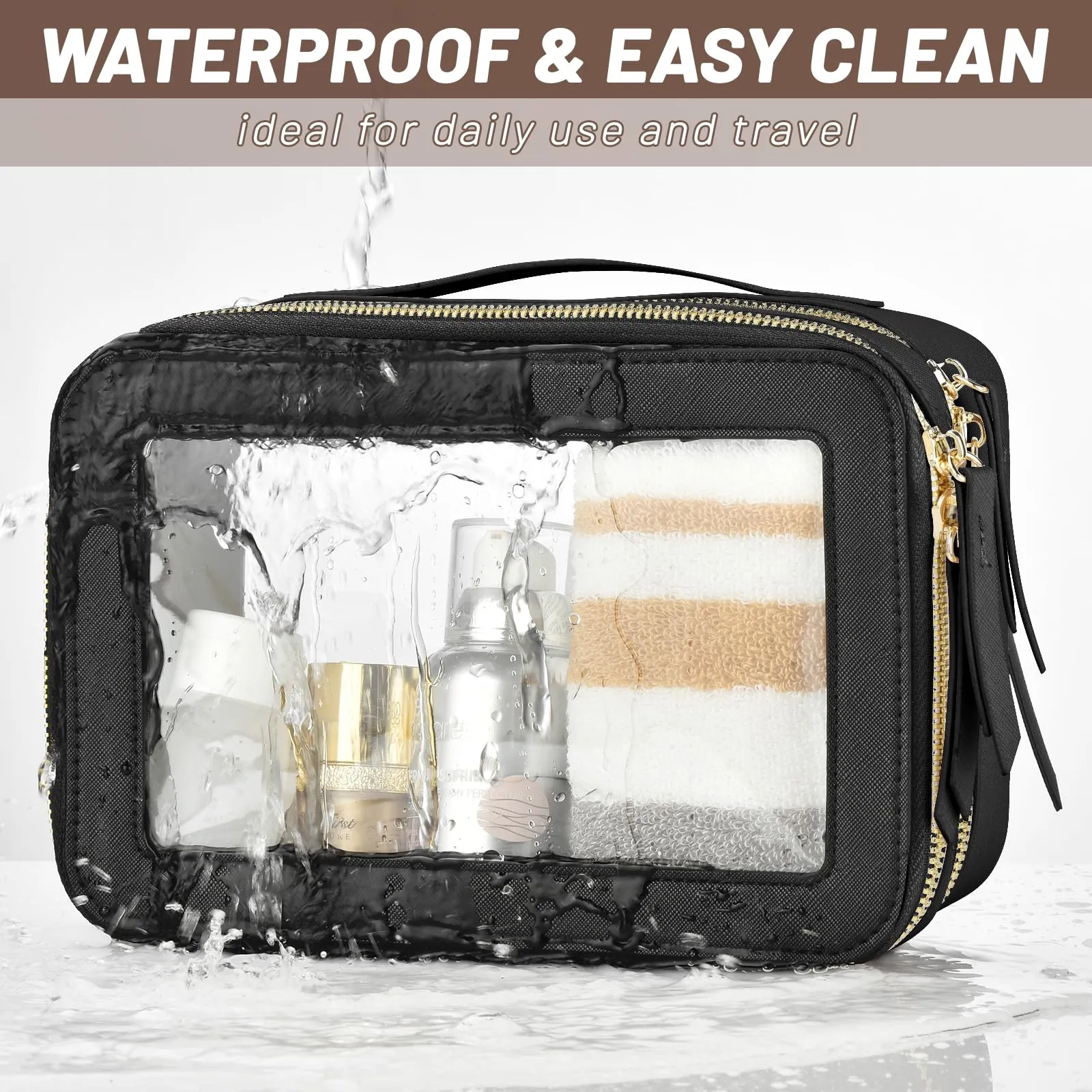 Felipe Varela Clear Windows Cute Makeup Bag for Women -2 Layer Large Waterproof Saffiano Skincare Cosmetic Case with Gold Zipper - Spacious Toiletry Organizer, TSA Approved (Black)
