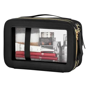 Felipe Varela Clear Windows Cute Makeup Bag for Women -2 Layer Large Waterproof Saffiano Skincare Cosmetic Case with Gold Zipper - Spacious Toiletry Organizer, TSA Approved (Black)