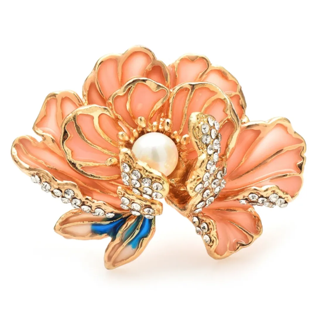 Feng Shui Peony Flower Brooch with Pearl - Good Luck Jewelry in 3 Colors