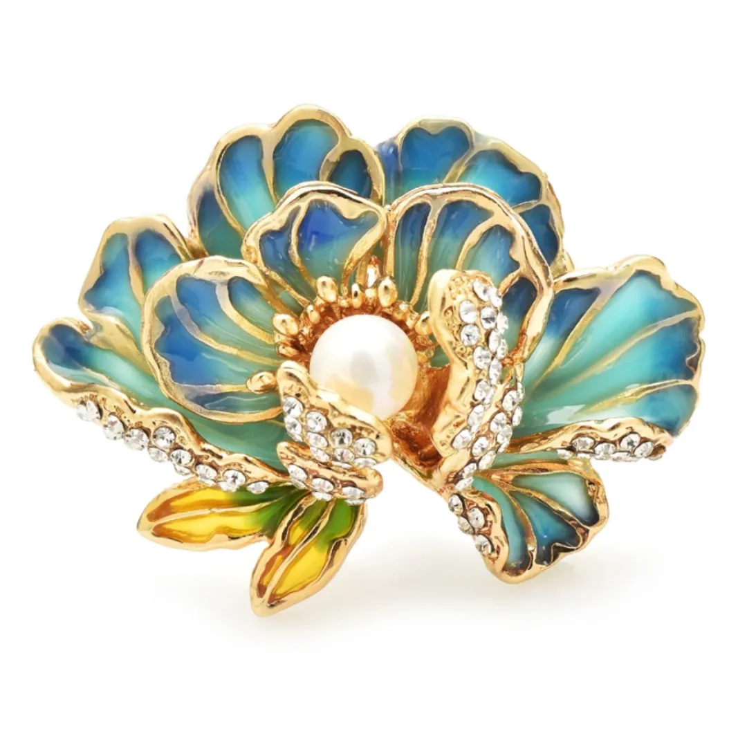Feng Shui Peony Flower Brooch with Pearl - Good Luck Jewelry in 3 Colors