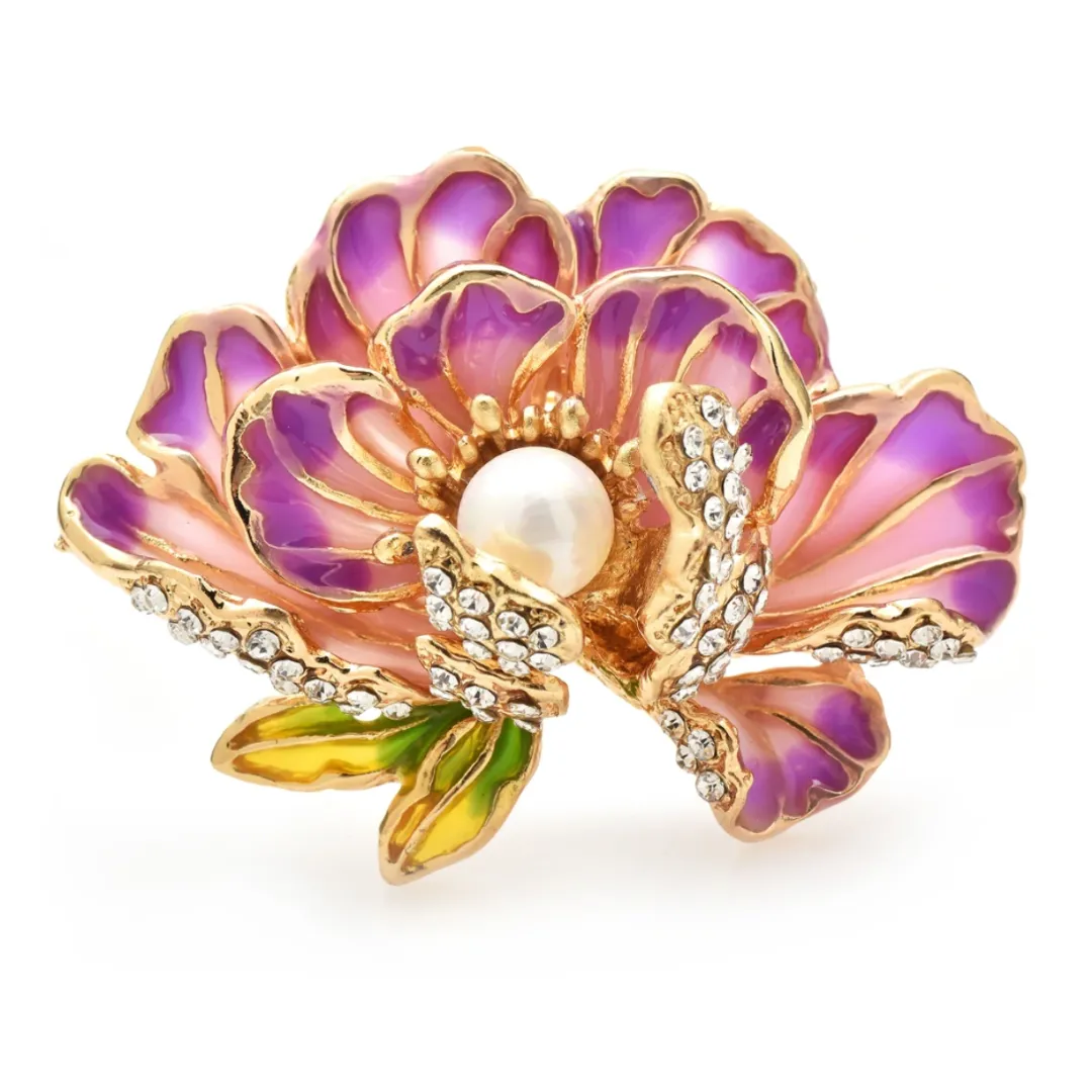 Feng Shui Peony Flower Brooch with Pearl - Good Luck Jewelry in 3 Colors