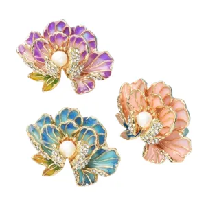 Feng Shui Peony Flower Brooch with Pearl - Good Luck Jewelry in 3 Colors