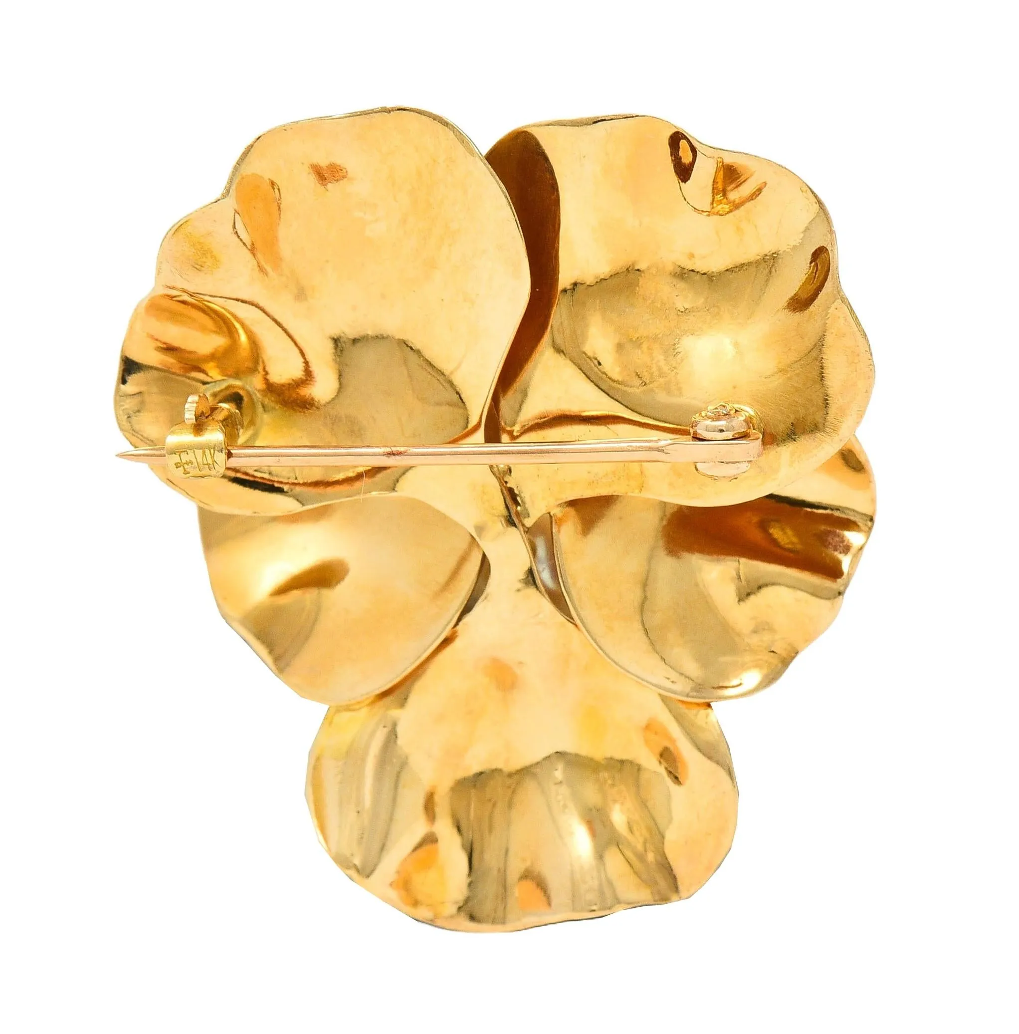 Fisher & Co. Pearl 14 Karat Yellow Gold Vintage Pansy Flower Brooch