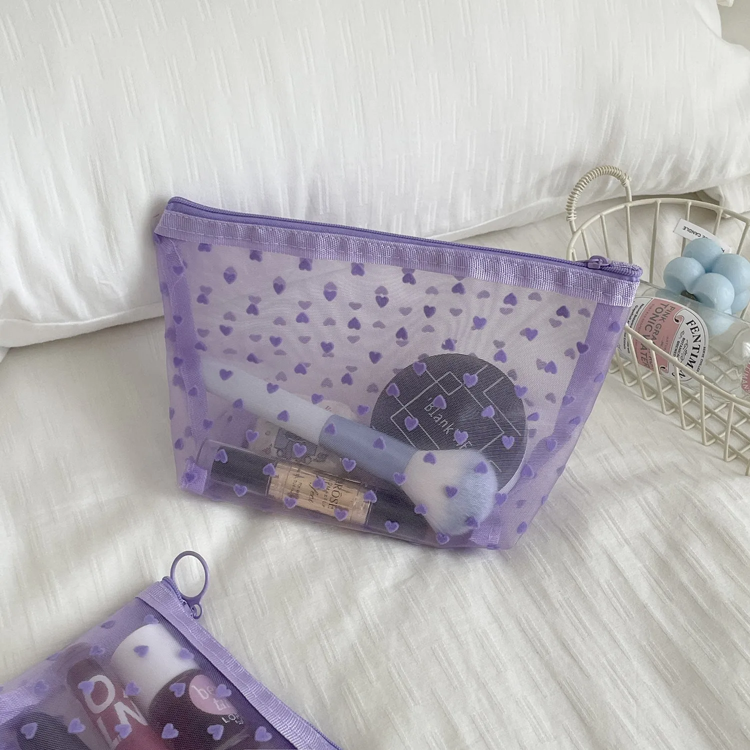 Flocking Mesh Love Portable Breathable Transparent Cosmetic Bags