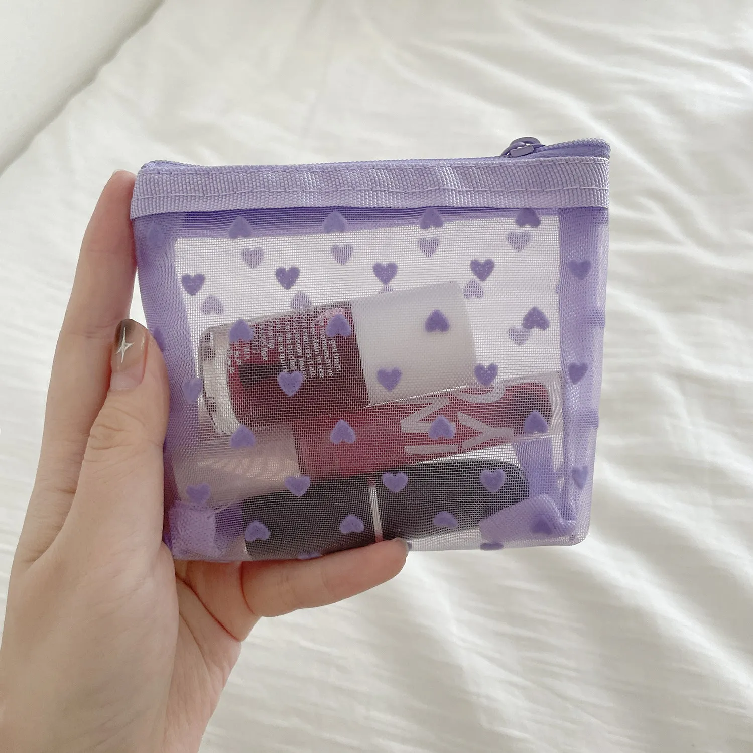 Flocking Mesh Love Portable Breathable Transparent Cosmetic Bags