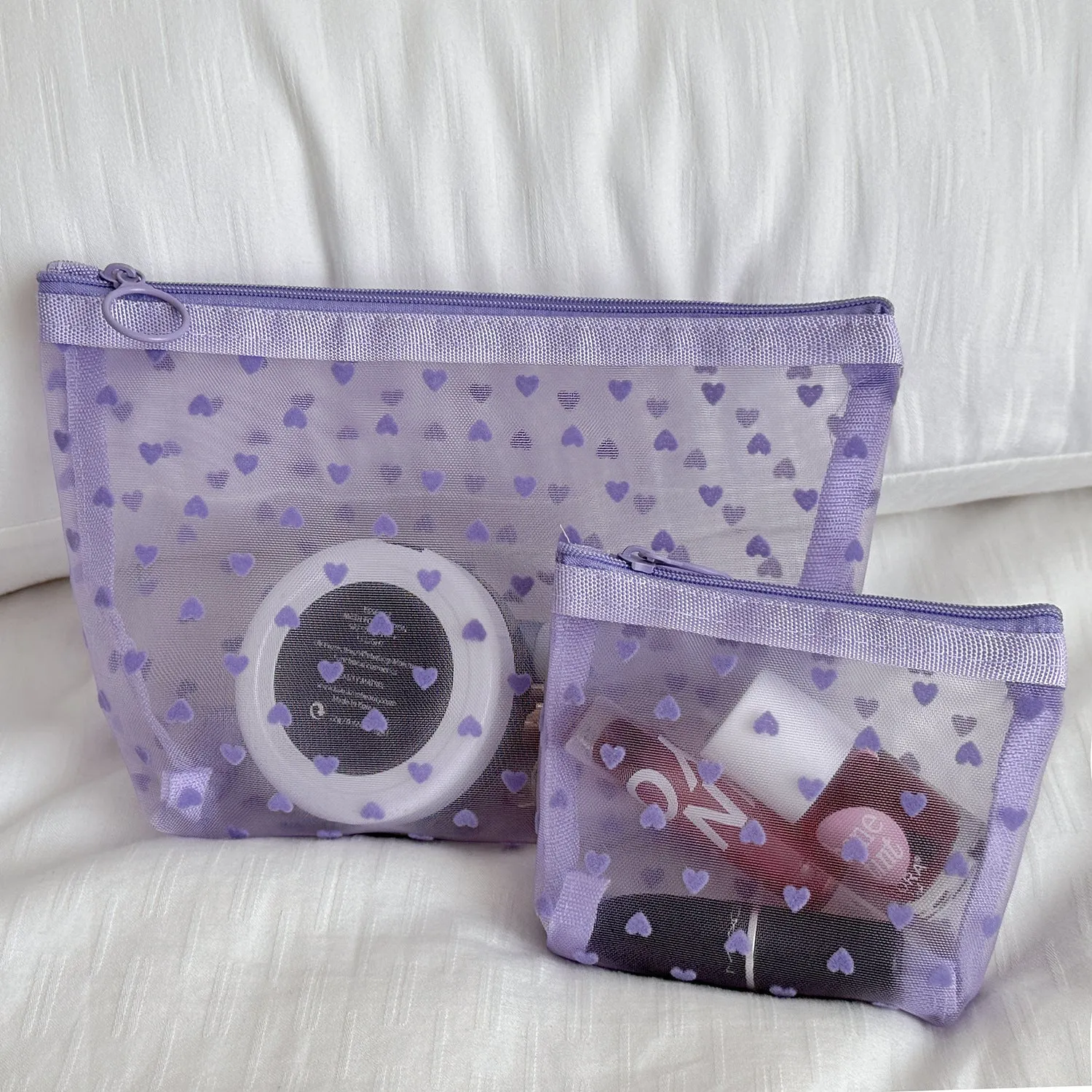 Flocking Mesh Love Portable Breathable Transparent Cosmetic Bags