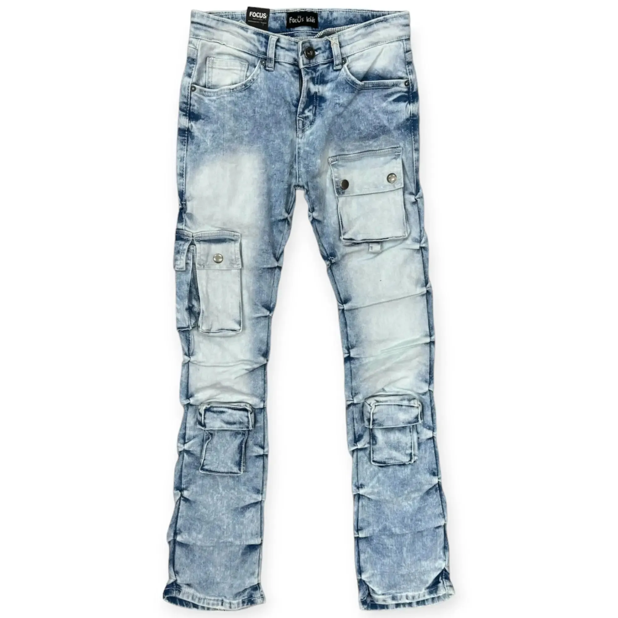 Focus Boys CGO Distressed Stacked Flare Denim jeans(Light Wash)