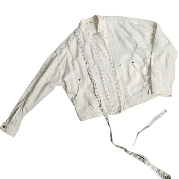 Free People Distressed Denim Bomber Motto Mockneck Deconstructed Lightweight Jac