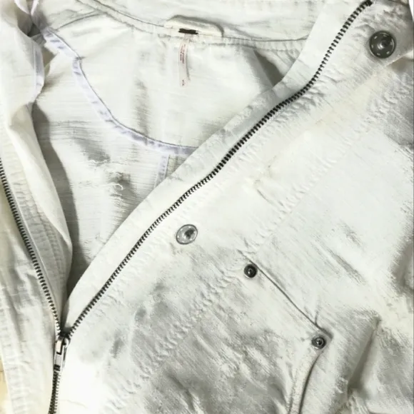 Free People Distressed Denim Bomber Motto Mockneck Deconstructed Lightweight Jac